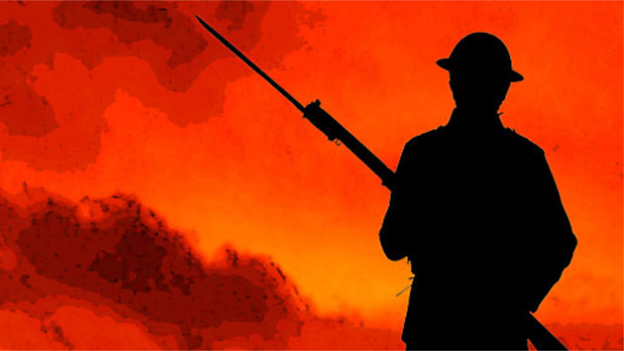 A soldier against a backdrop of war